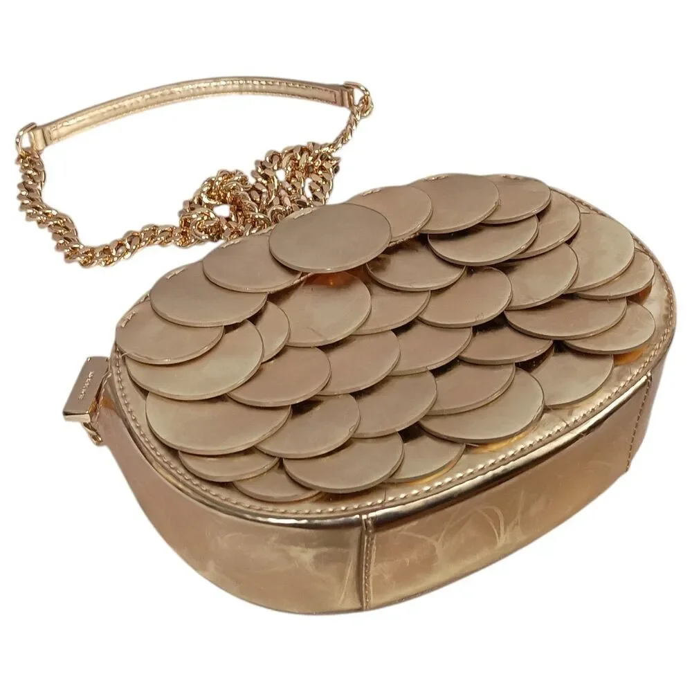 Michael Kors Handbag Small Womens Gold Leather Crossbody Chain Strap Fabric Zip